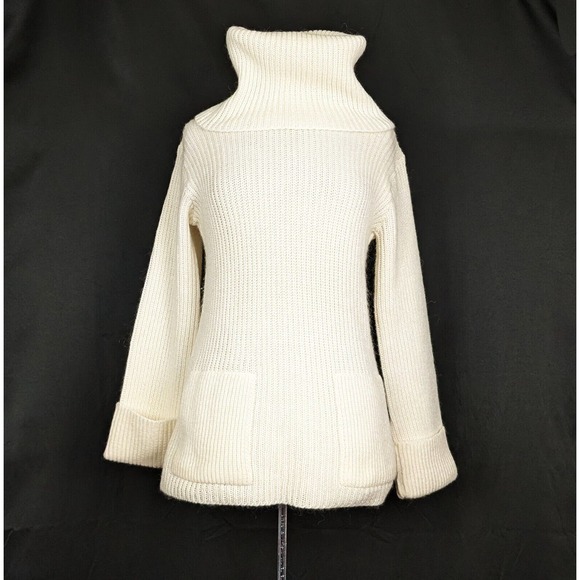 Vintage 70s Sweater Cream Chunky Knit Cowl Neck Pockets Misses Size M - Picture 1 of 7